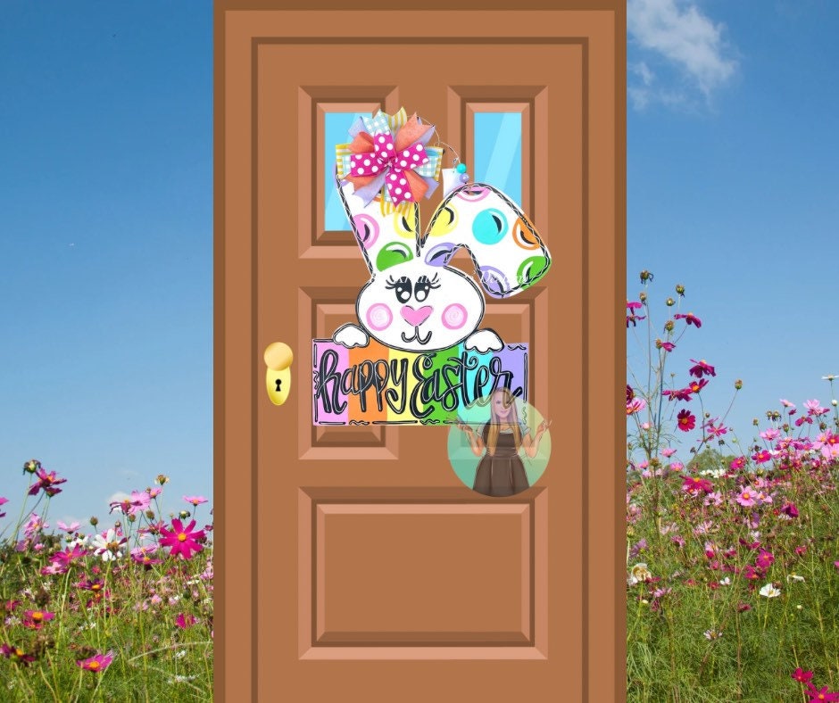 Hand Painted Easter Bunny Door Hanger with Bow, Spring Decor
