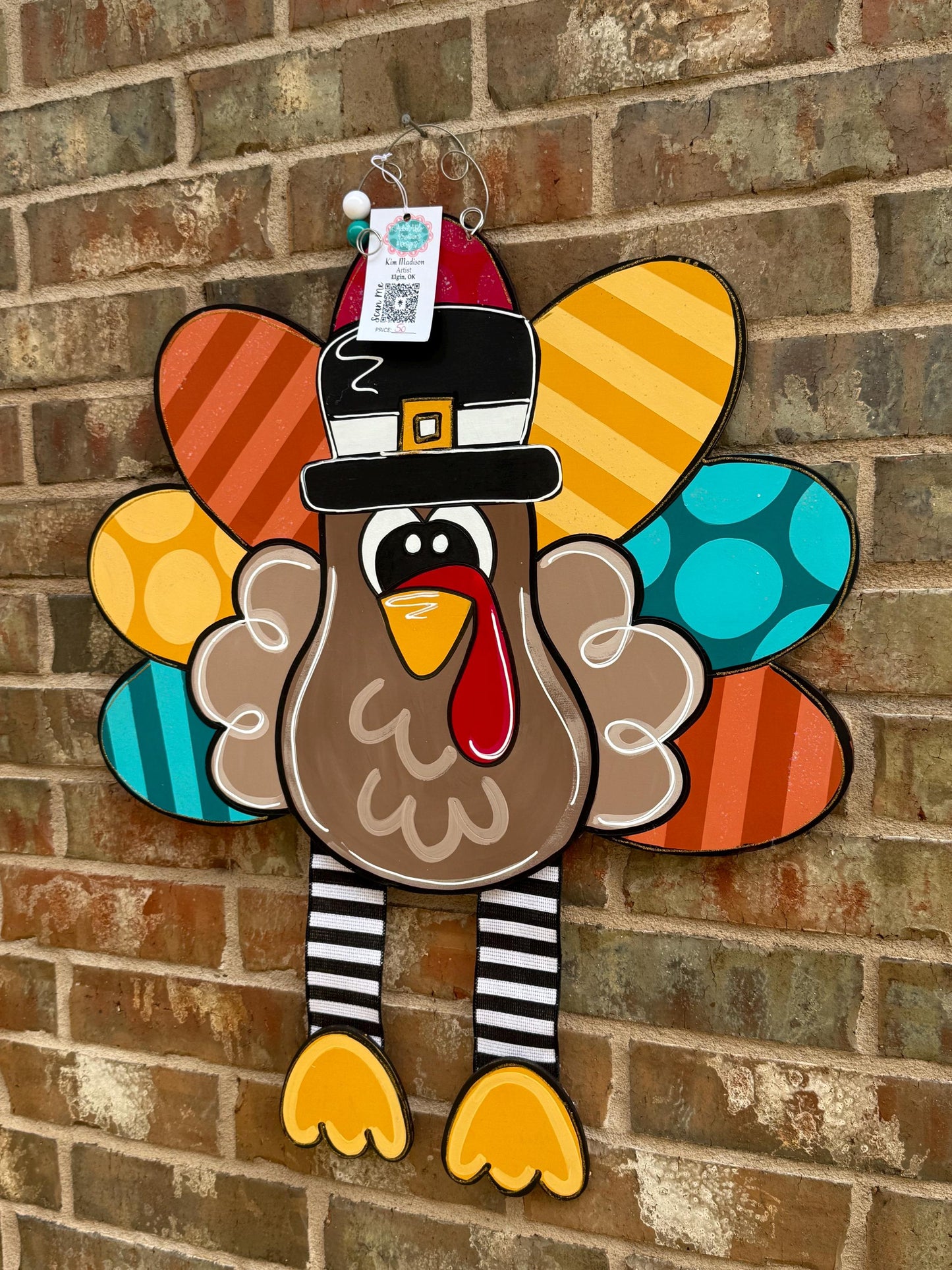 Hand-Painted Turkey Door Hanger with Ribbon Legs - Fall Thanksgiving Decor