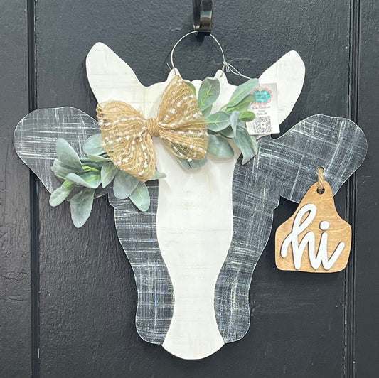 Cow Head Door Hanger with Tag, Farmhouse Decor (20"x23")