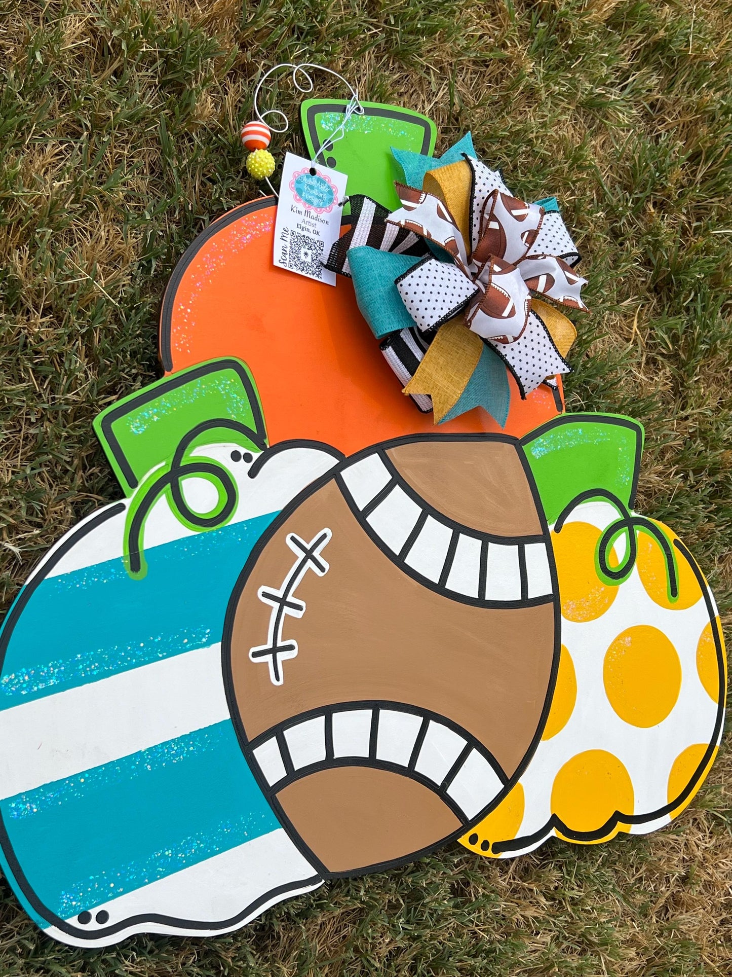 Pumpkin Trio Football Door Hanger, Fall Sports Decor (21.5"x23")