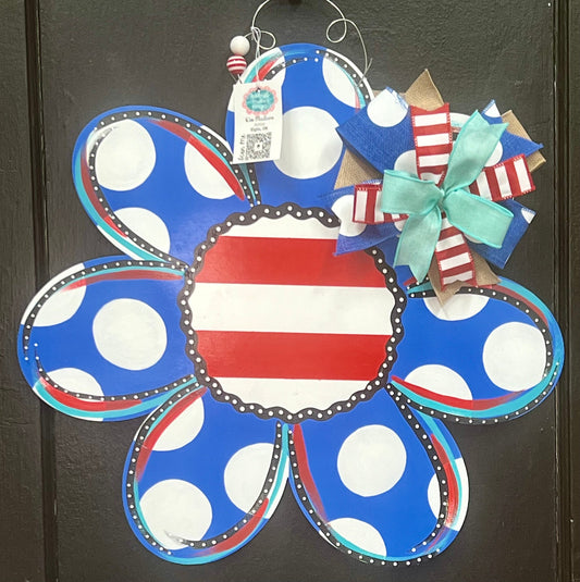 Blue Flower with Red & White Center door hanger, Merica, door hanger, USA, 4th of July, Independence Day, 21”x22"