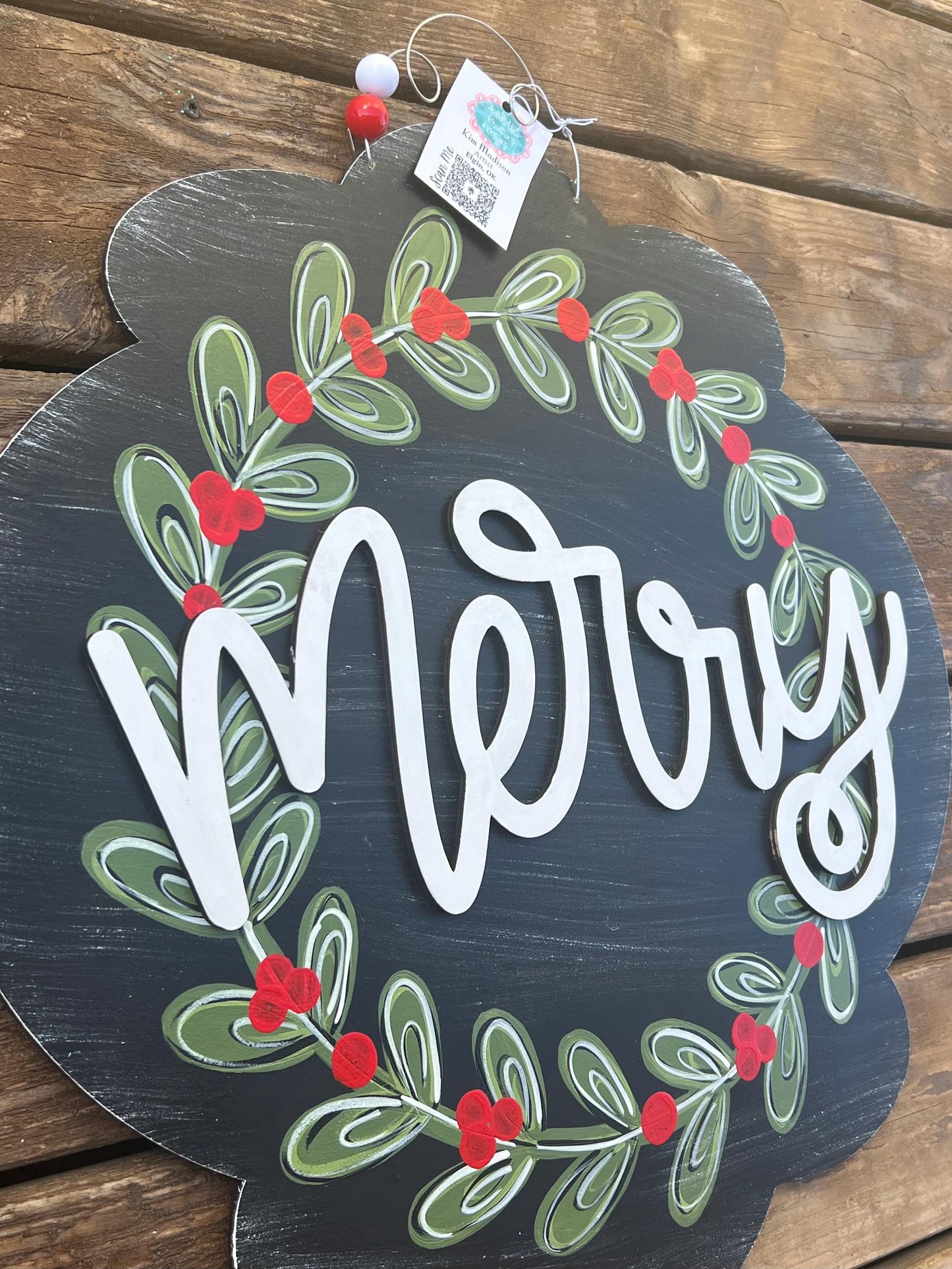 3D Holly Christmas Door Hanger, Painted Birch Wood