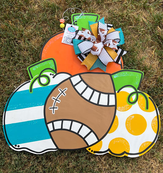 Pumpkin Trio Football Door Hanger, Fall Sports Decor (21.5"x23")