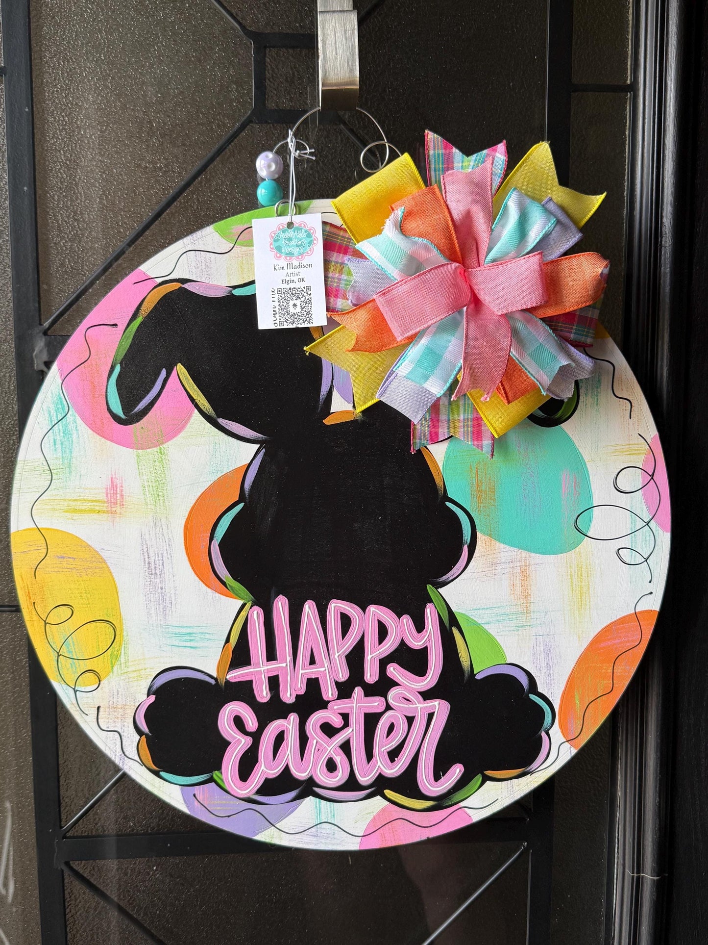 Easter Bunny Silhouette Door Hanger, Round Birch Wood Spring Decor
