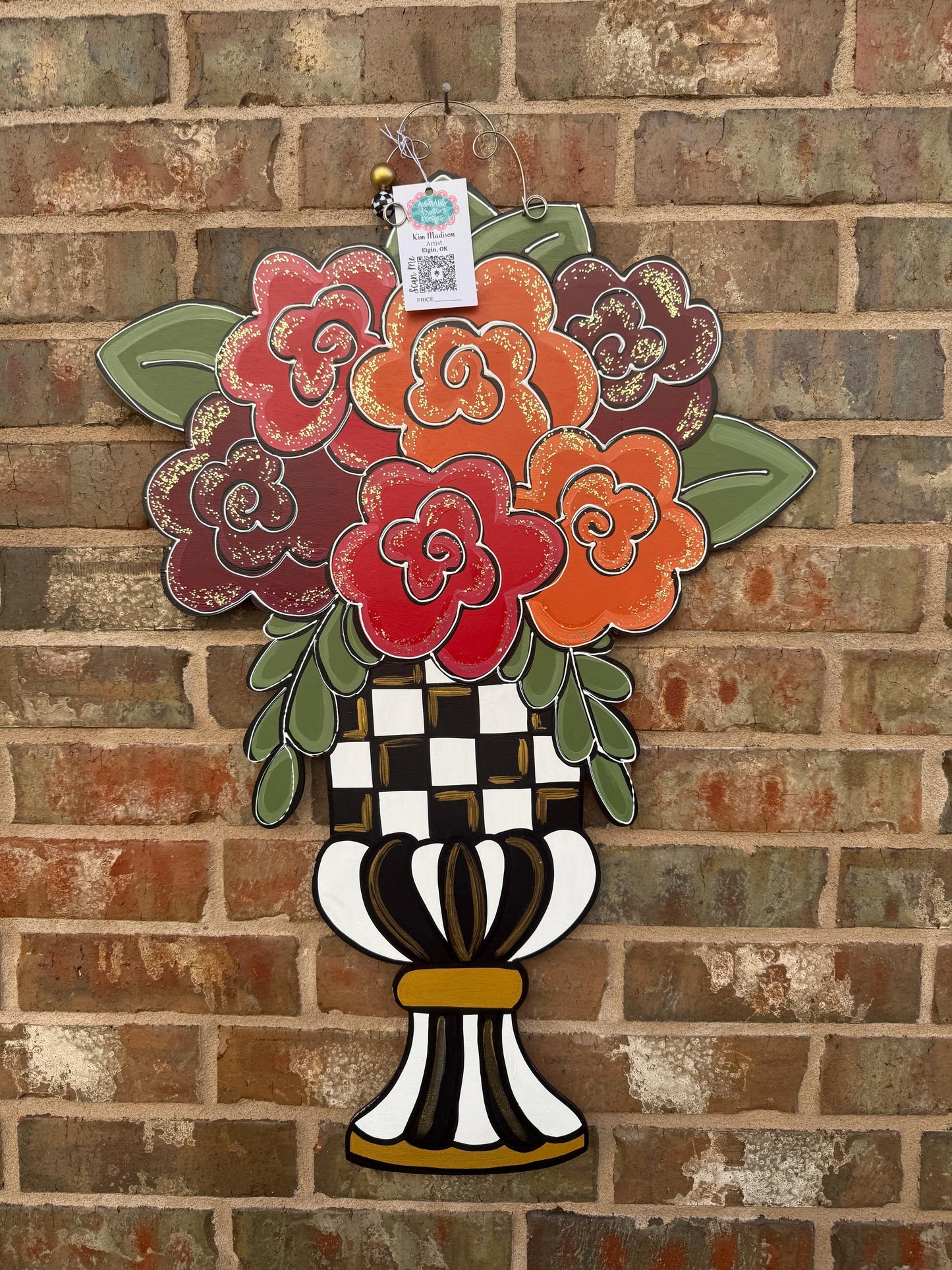 Checkered Floral Door Hanger, Fall Decor (21"x30")