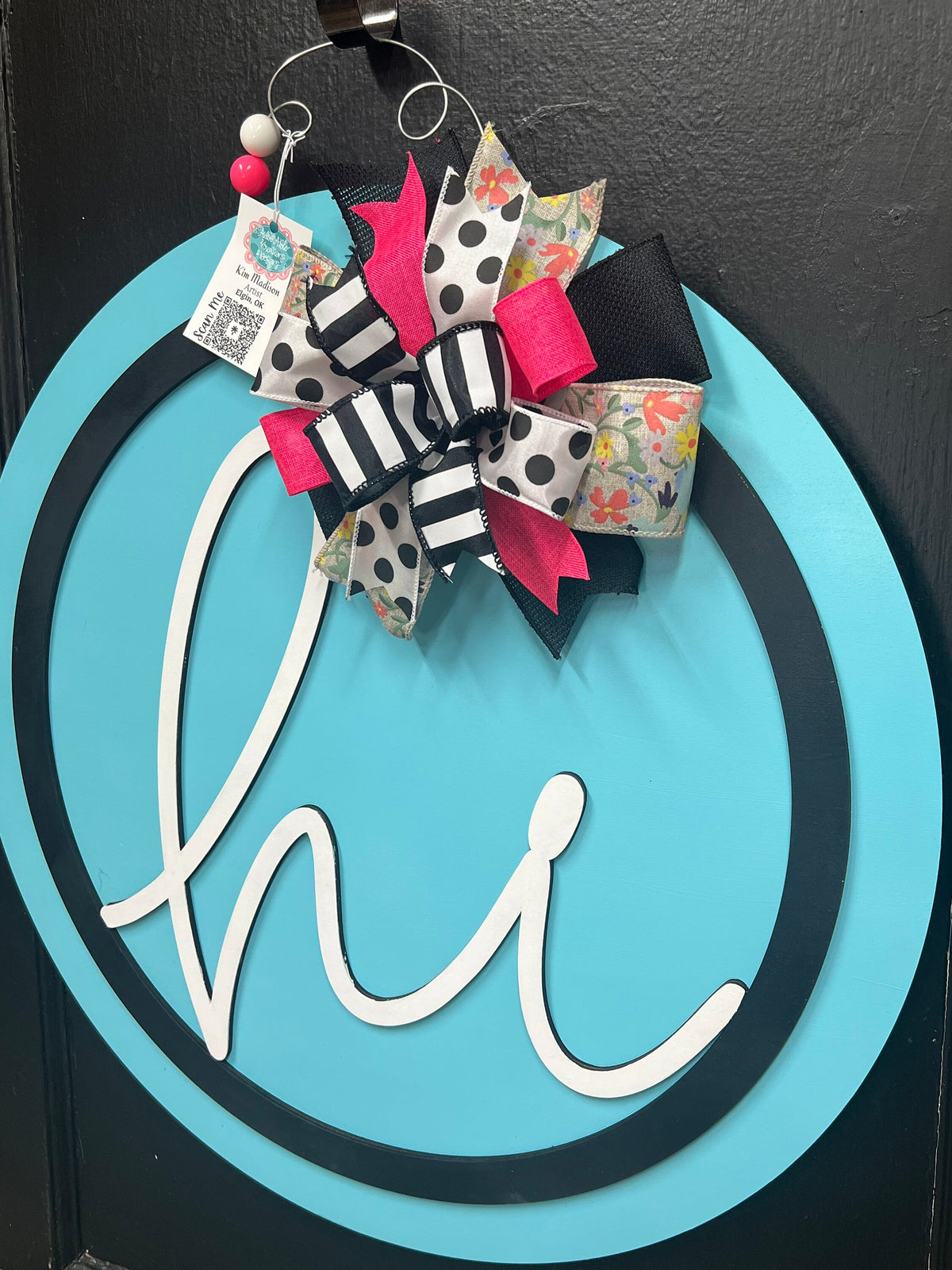 Hi 3D Door Hanger, Pink Teal White Round Sign, 22"