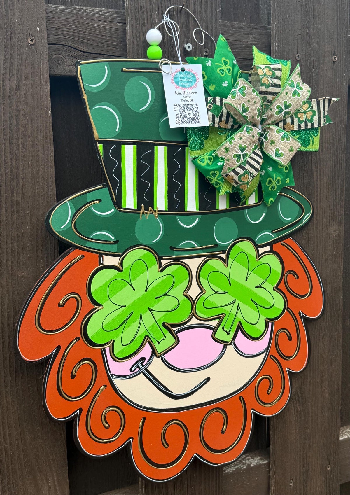 Saint Patrick’s Day Leprechaun Door Hanger, Shamrock eyes, 19”x22”