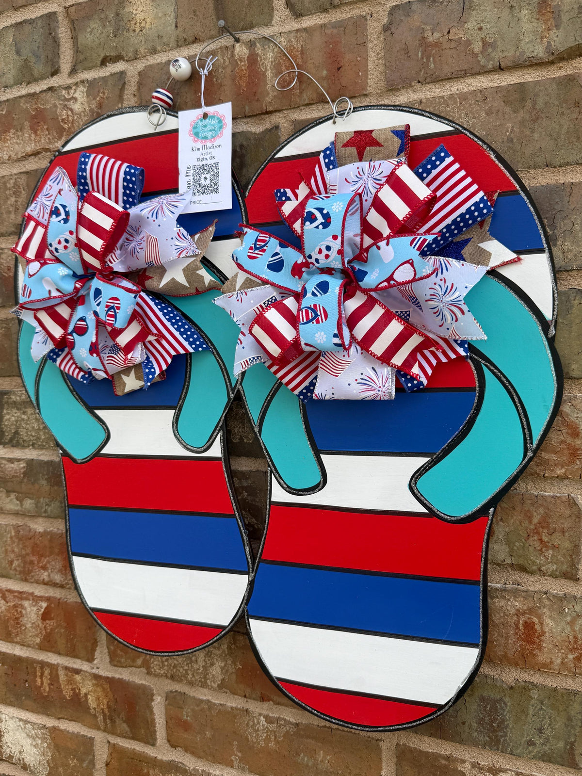 Patriotic Flip Flops Door Hanger with 2 real bows, Patriotic Decor, 21"x22"