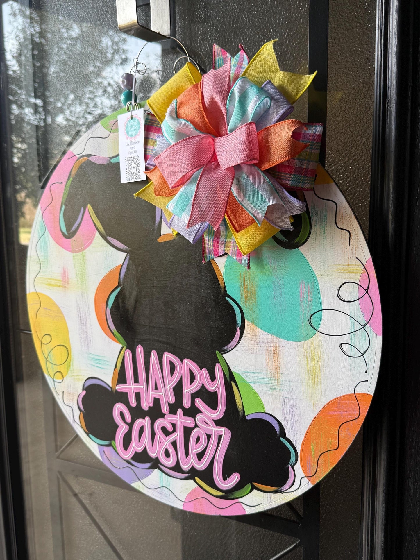 Easter Bunny Silhouette Door Hanger, Round Birch Wood Spring Decor