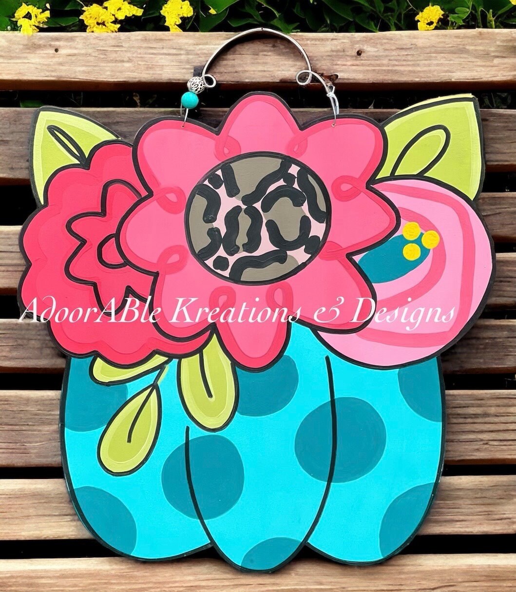 Floral Pumpkin Door Hanger, Fall Thanksgiving Decor, Hand Painted