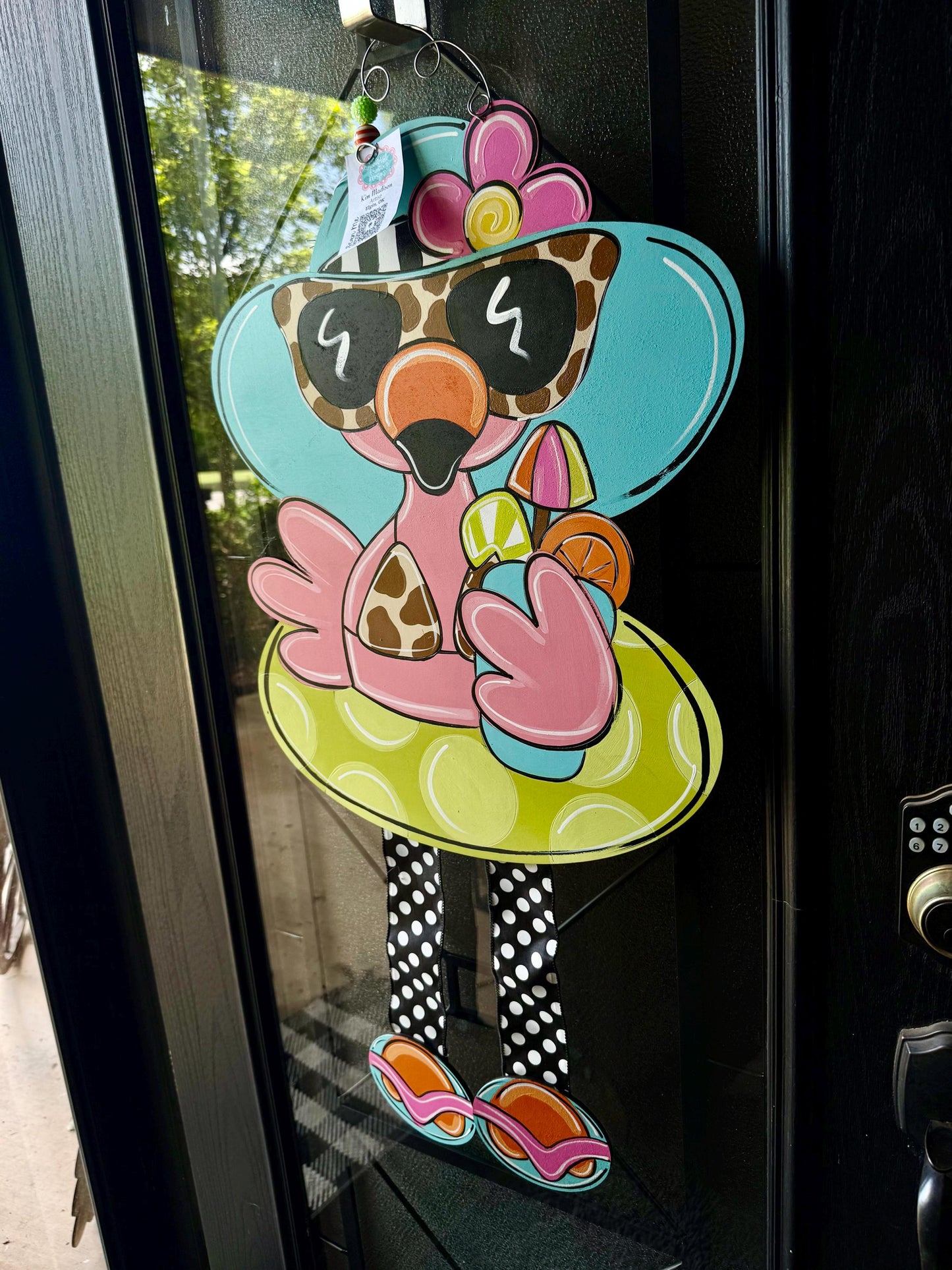 Flamingo Pool Float Door Hanger, Ribbon Legs, Summer Beach Decor (19x36)