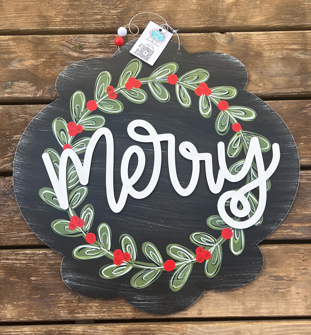 3D Holly Christmas Door Hanger, Painted Birch Wood