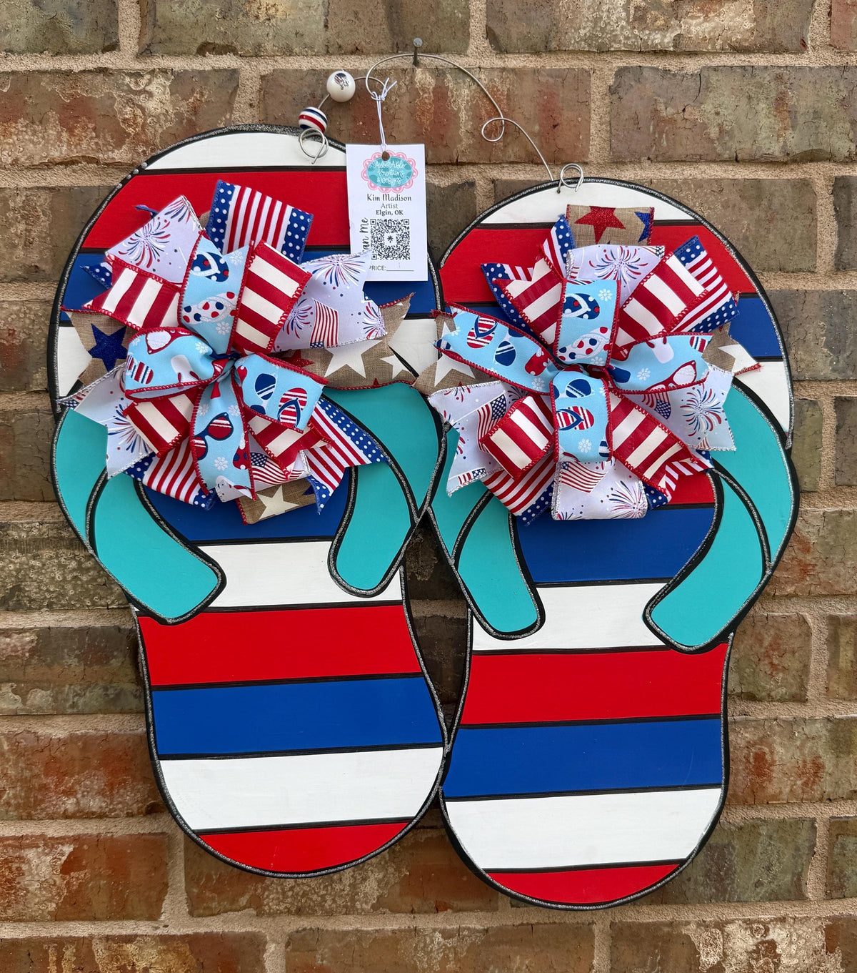 Patriotic Flip Flops Door Hanger with 2 real bows, Patriotic Decor, 21"x22"