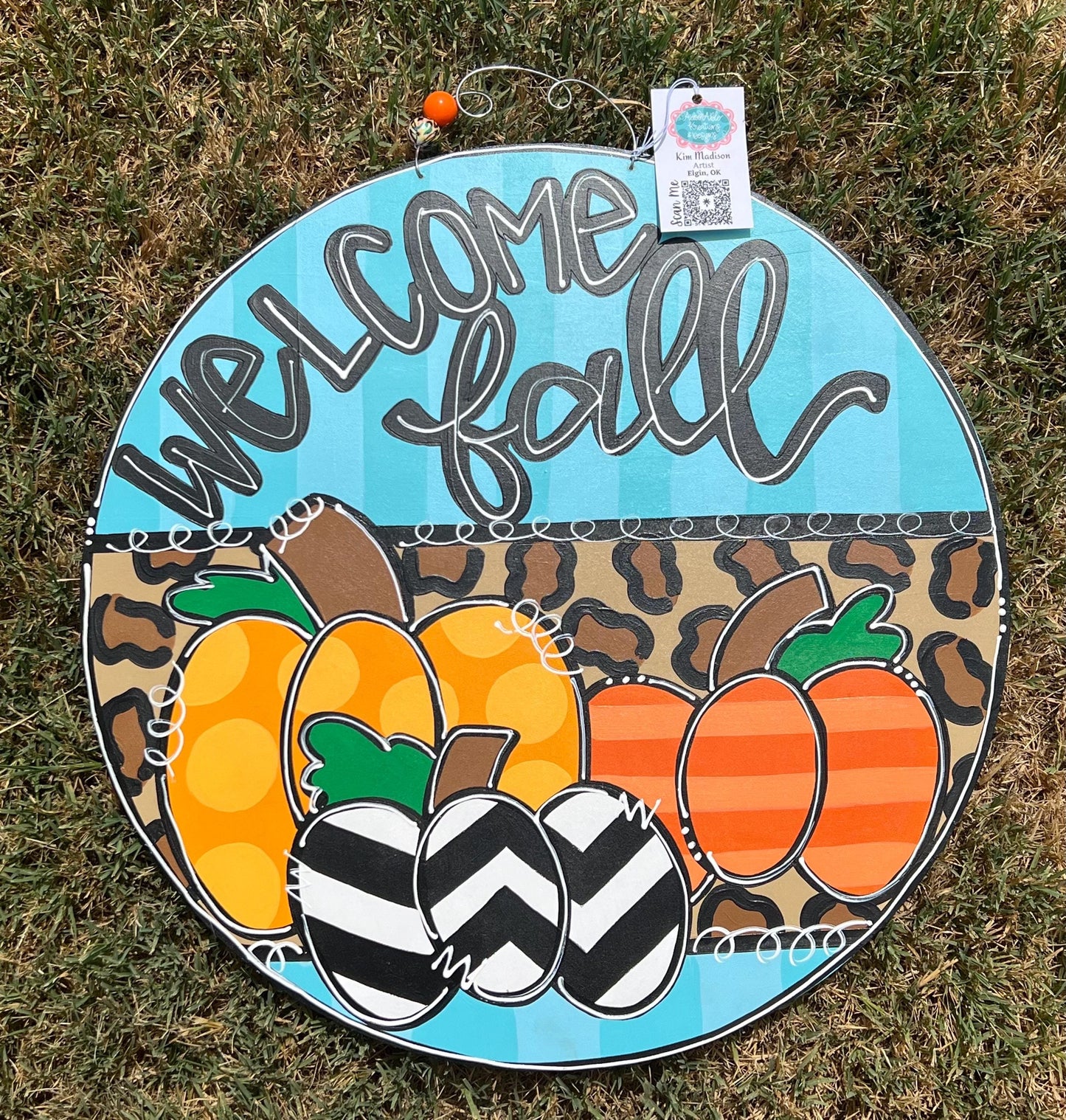 Welcome Fall Pumpkin Trio Door Hanger, 22" Round, Polka Dots