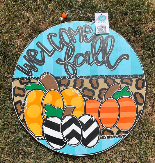 Welcome Fall Pumpkin Trio Door Hanger, 22" Round, Polka Dots