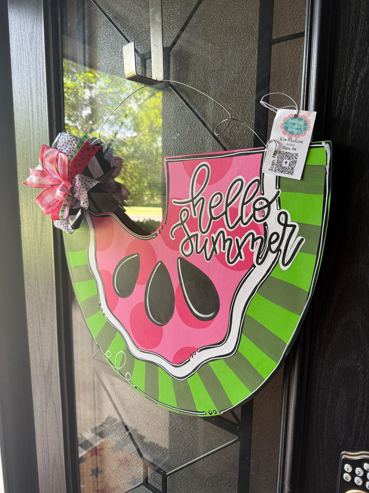 Hello Summer Watermelon Door Hanger, Painted Birch Decor (18"x23")