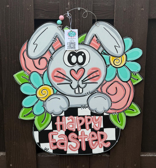 Floral Bunny Easter Door Hanger, Spring Decor (21”x22)