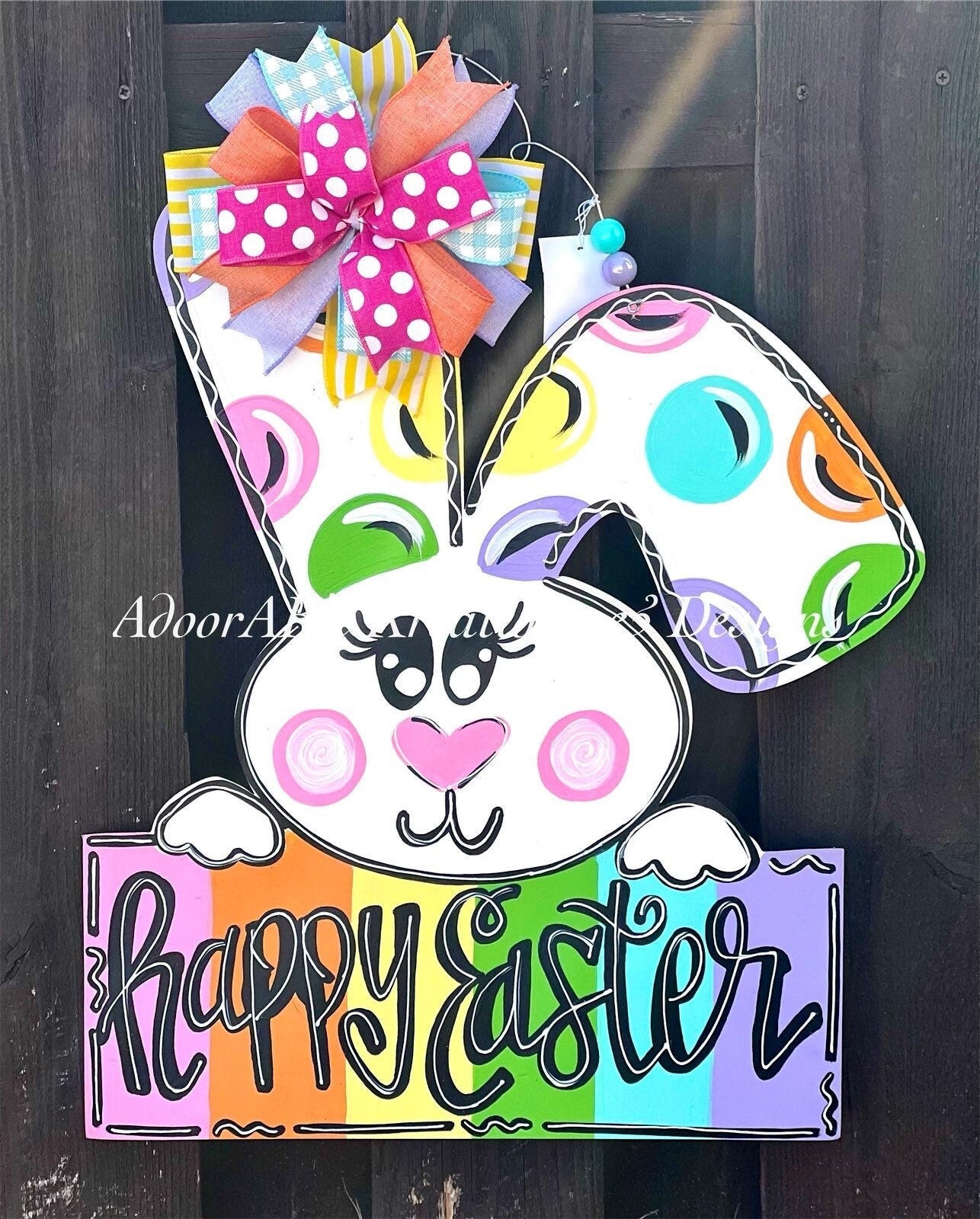 Hand Painted Easter Bunny Door Hanger with Bow, Spring Decor