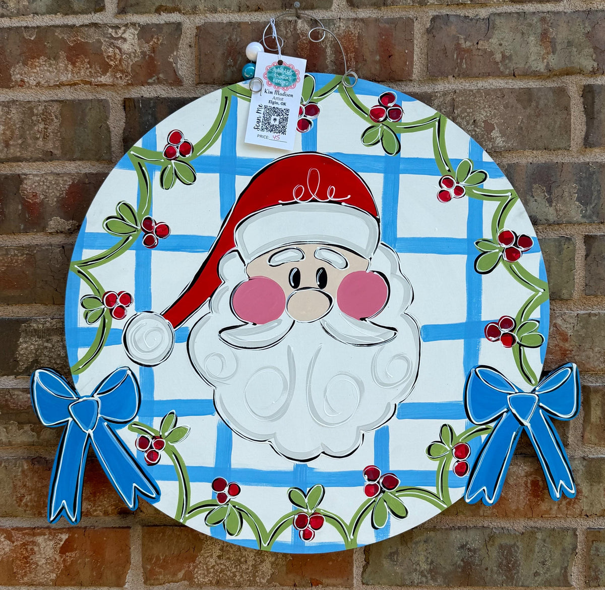 Santa Holly Round Door Hanger: Hand-Painted Birch Christmas Decor