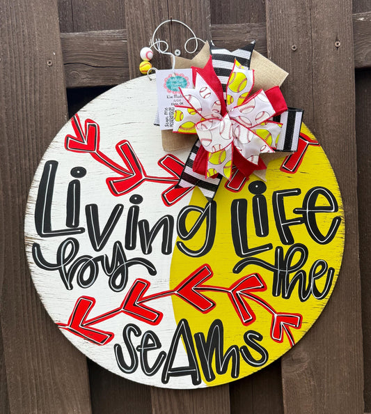 Living Life By The Seams Door Hanger, Baseball Softball Decor, 20" Round