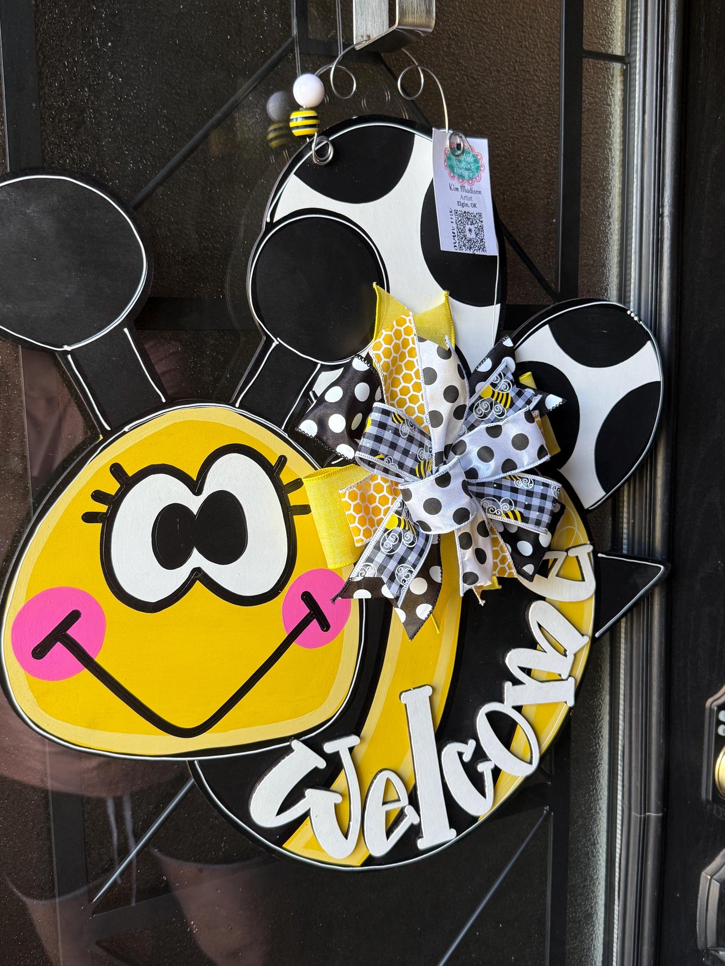 Bee Welcome Summer Door Hanger, Hand Painted Birch, 21"x22"