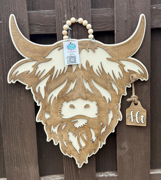 3D Highland Cow Head Door Hanger, Wooden Tag, Farmhouse Decor
