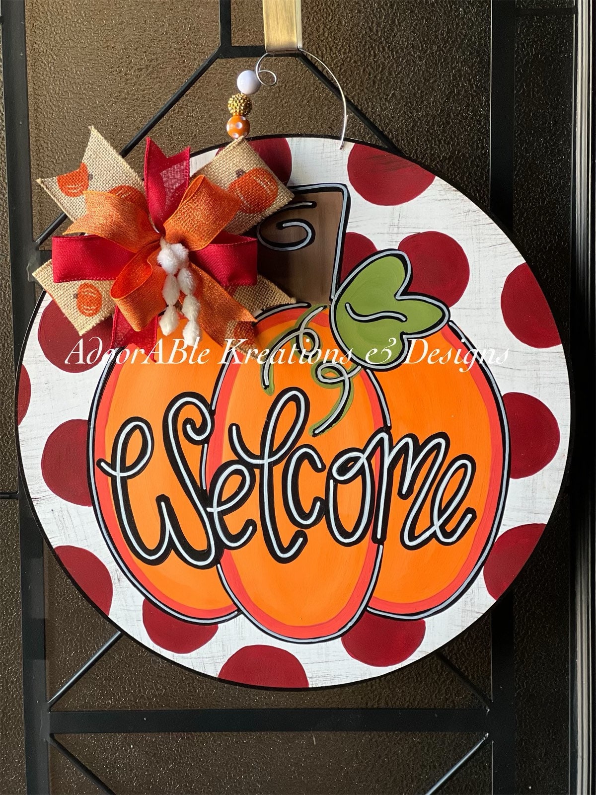 Hand Painted Pumpkin Door Hanger, Polka Dot Fall Decor