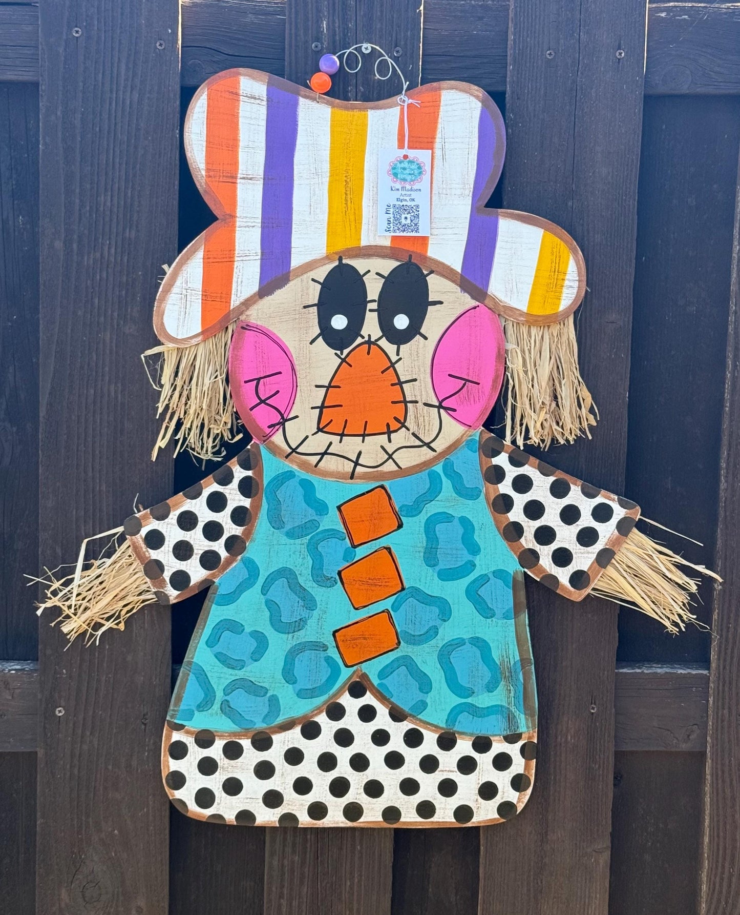 Hand Painted Scarecrow Door Hanger, Raffia Accent, Fall Decor (20x30)