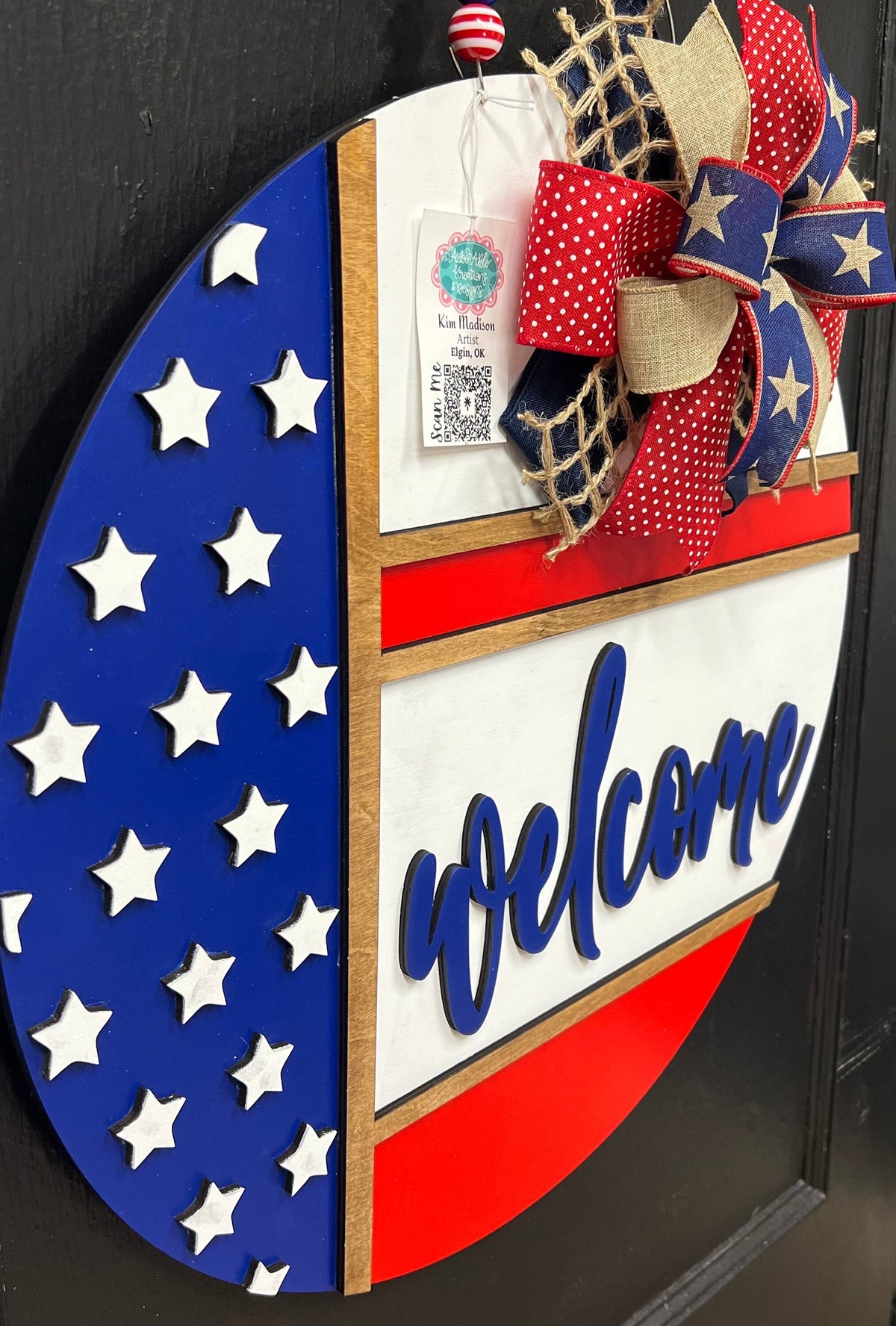 Welcome Flag Door Hanger, 4th of July Decor, 20” Round