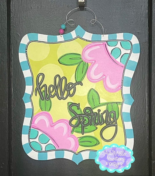 3D Hello Spring Floral Door Hanger, Birch Wood Decor (18”x23)