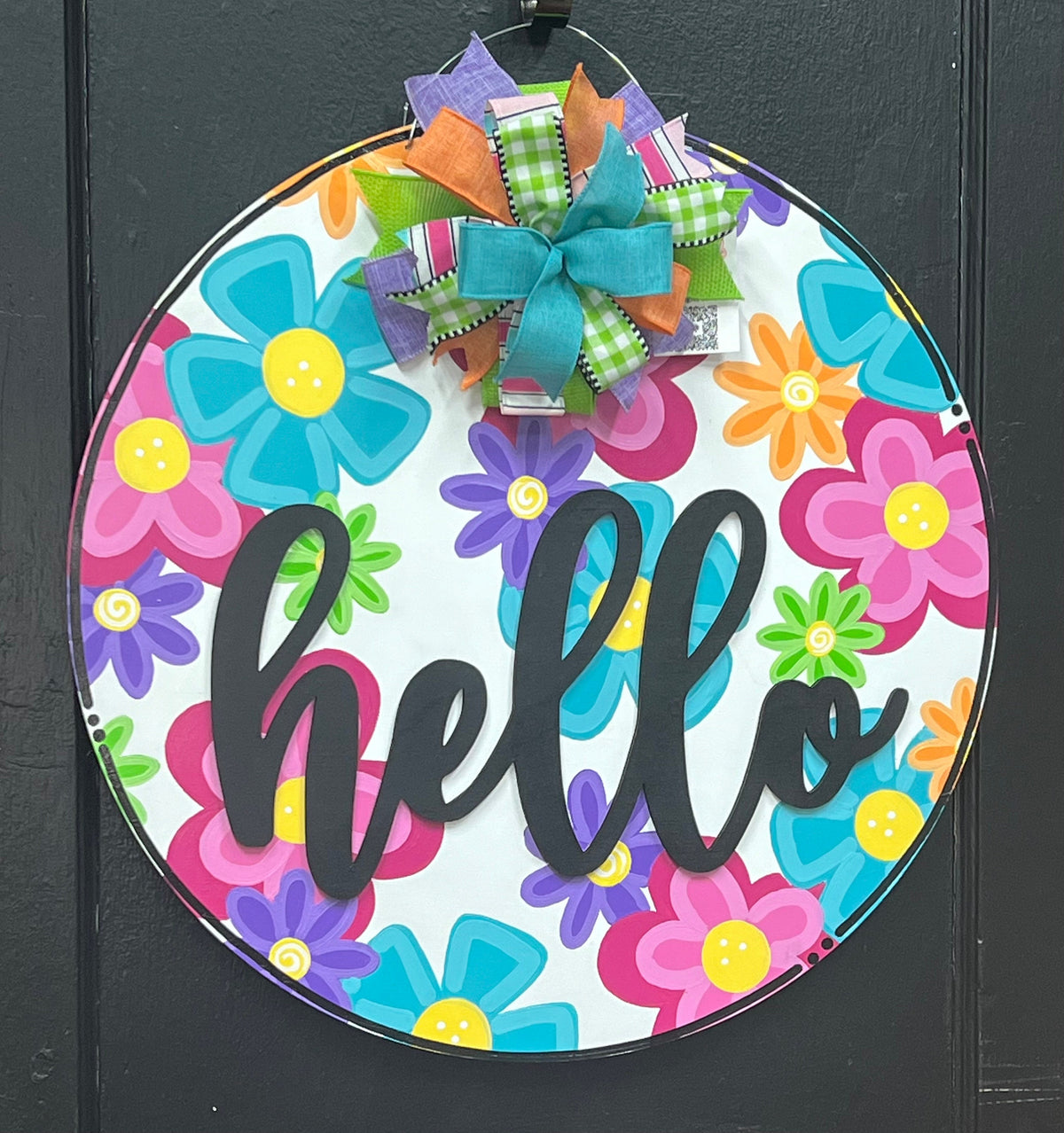 Floral Hello Door Hanger, Colorful Summer Wreath, 22" Round