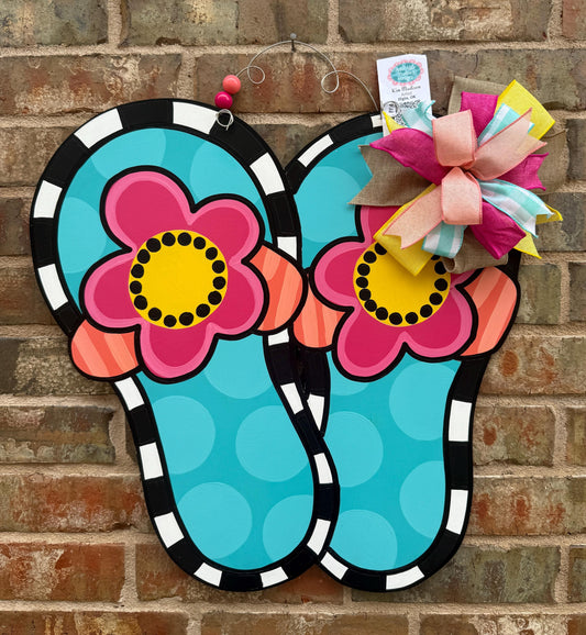 Summer Flower Flip Flop Door Hanger, Painted Wood Decor