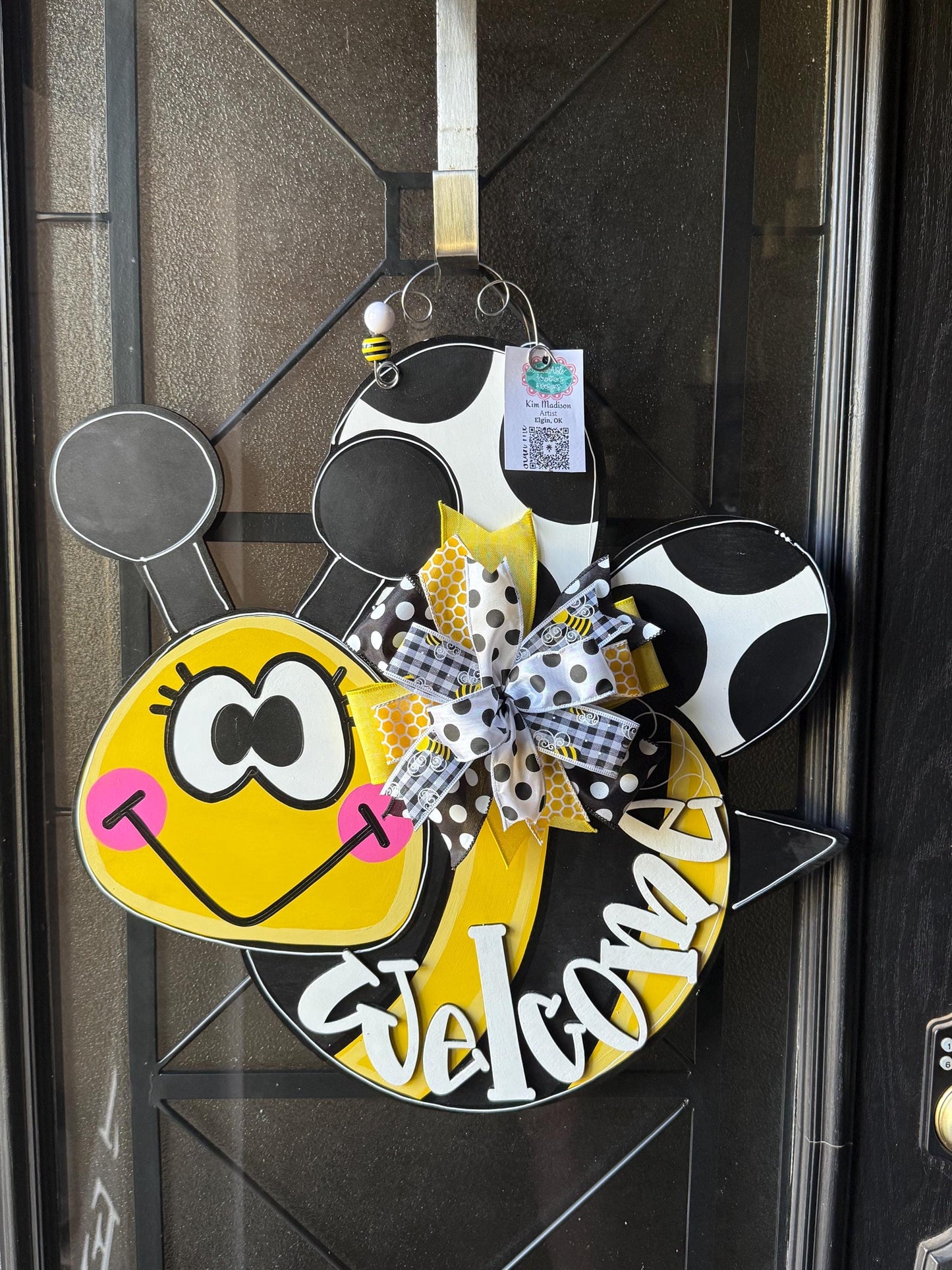 Bee Welcome Summer Door Hanger, Hand Painted Birch, 21"x22"