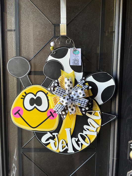 Bee Welcome Summer Door Hanger, Hand Painted Birch, 21"x22"