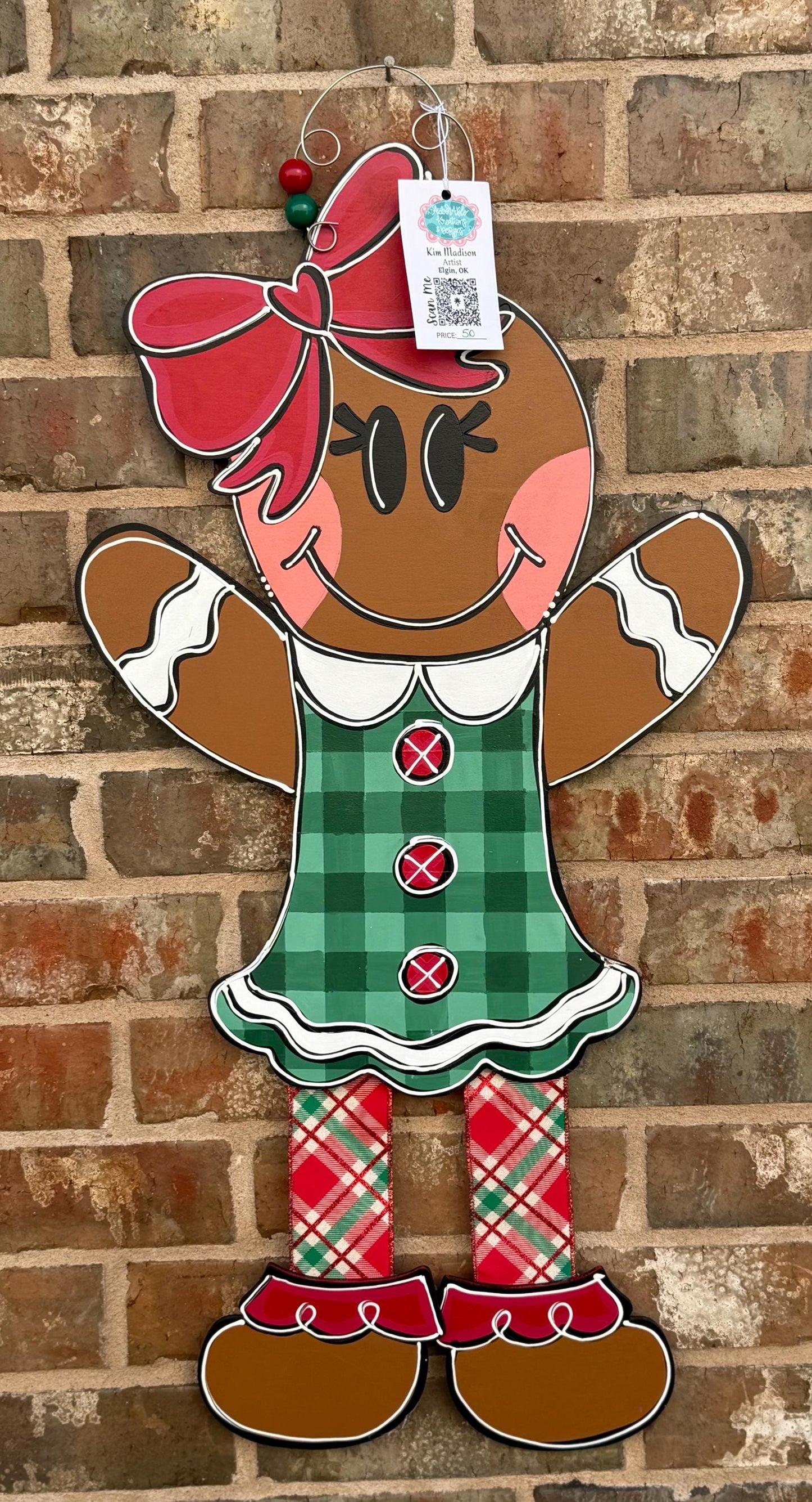 Gingerbread Girl Door Hanger with Ribbon Legs, Christmas Decor