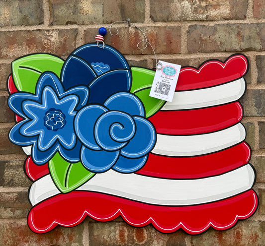 Scalloped Floral Flag door hanger, Merica, USA, 4th of July, Independence Day, 19"x23"