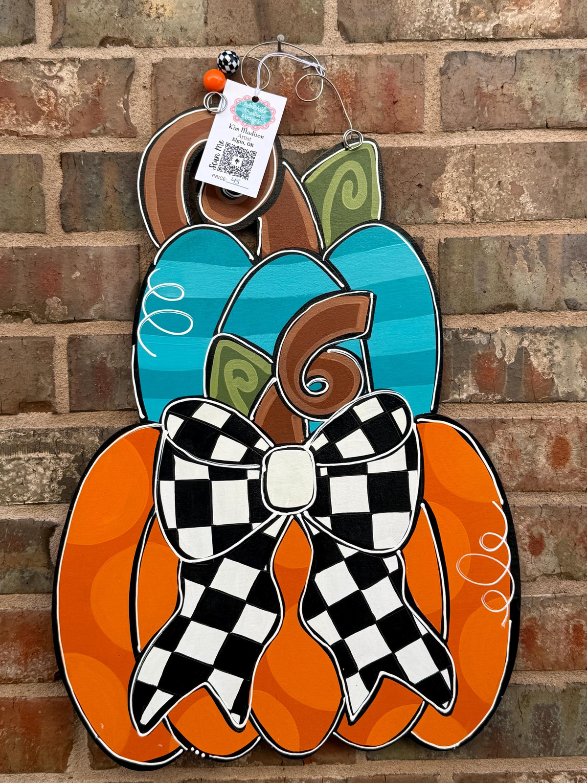 Pumpkin Stack Door Hanger: Fall Decor with Checkered Bow (16"x22")