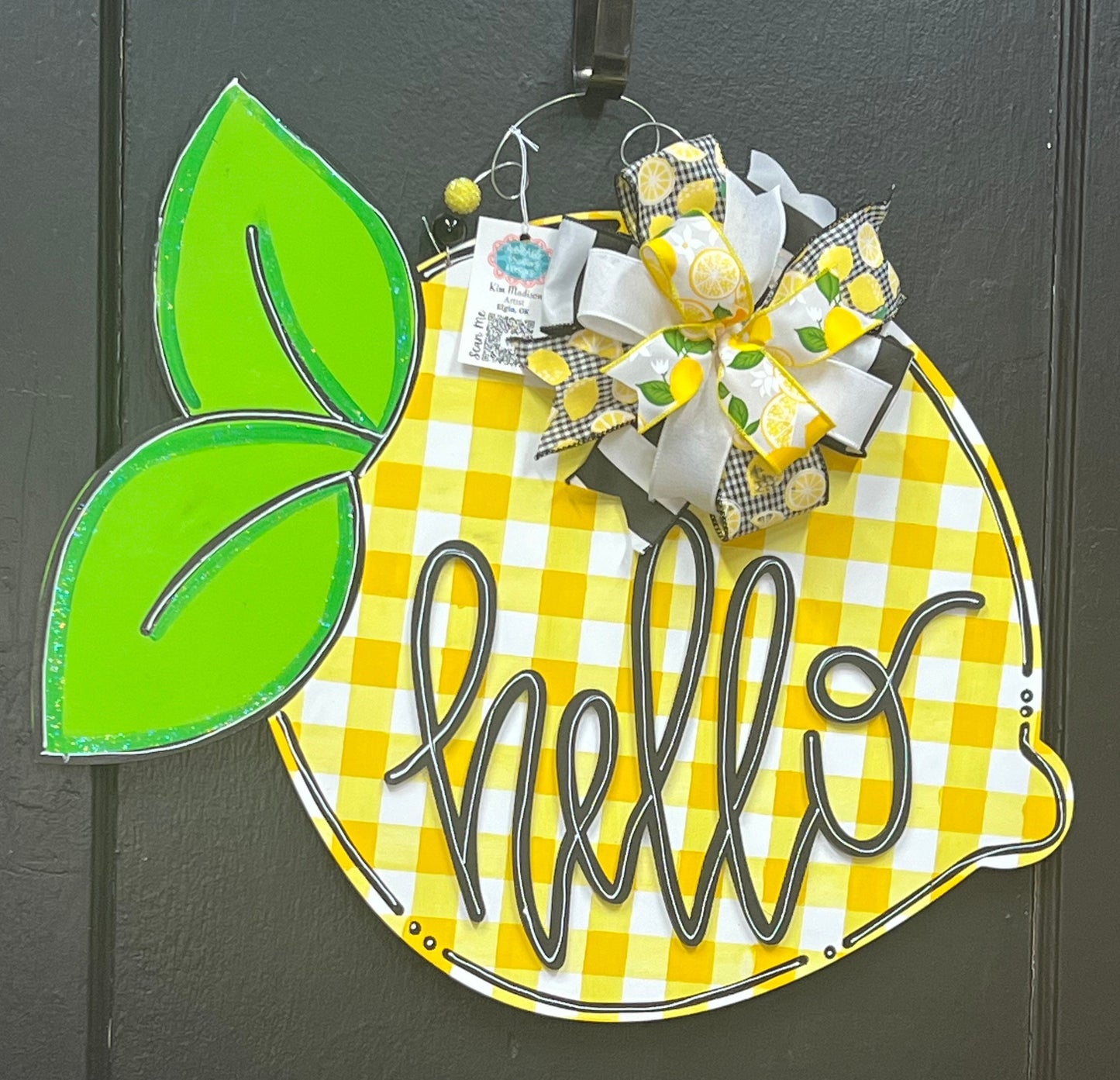Plaid Lemon Door Hanger, Hello Summer Wreath, Handmade