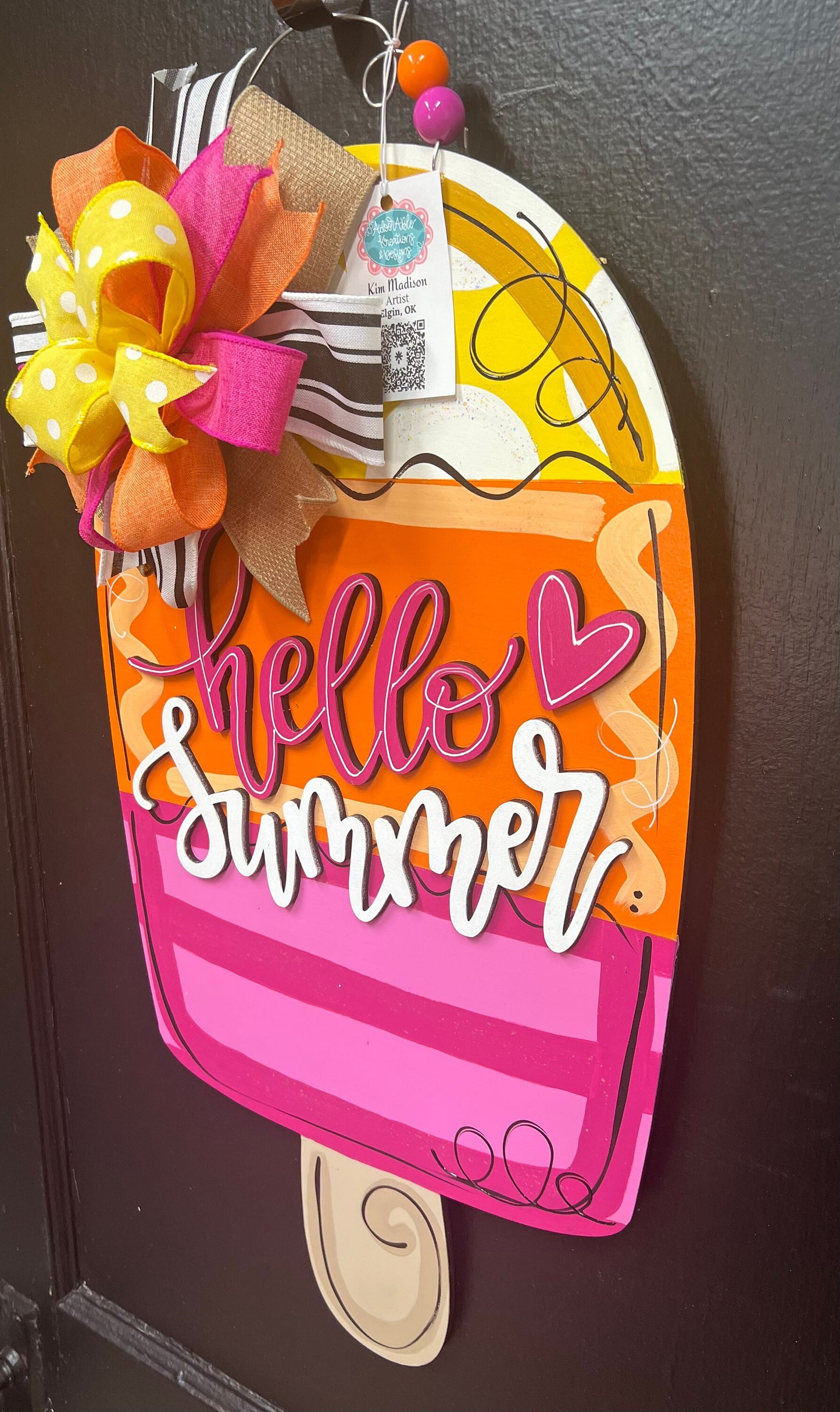 3D Hello Summer Popsicle Door Hanger, Painted Birch, Summer Decor (13”x23")