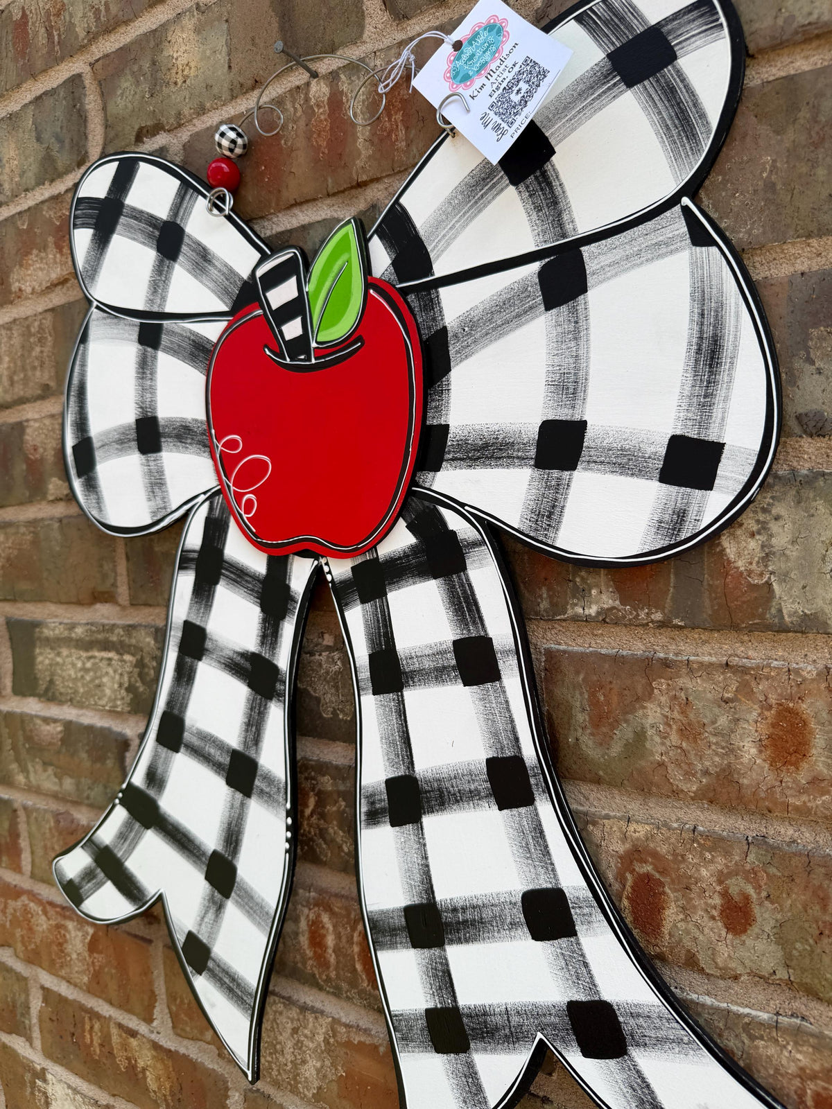 Plaid Bow Door Hanger with Apple, approx 23"