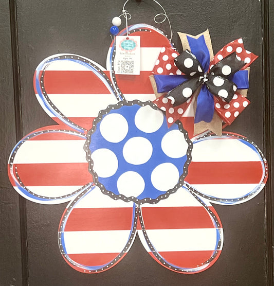 Red & White Striped Flower with Blue Center door hanger, Merica, door hanger, USA, 4th of July, Independence Day, 21”x22"