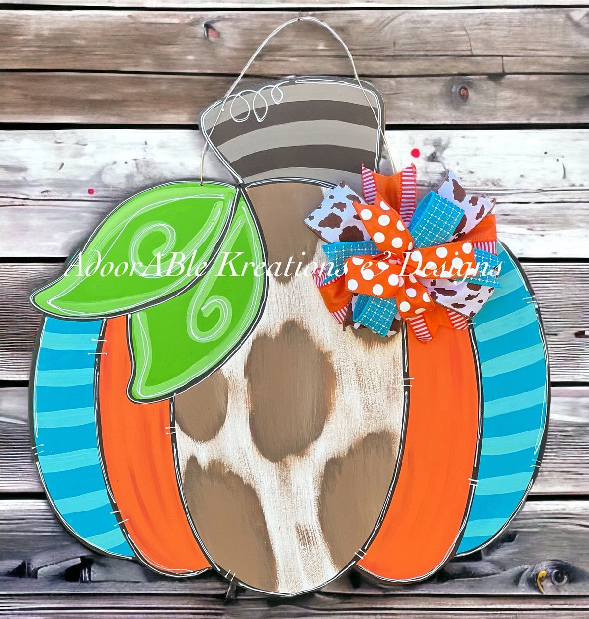 Fall Cow Print Pumpkin Door Hanger, Birch Plywood Decor