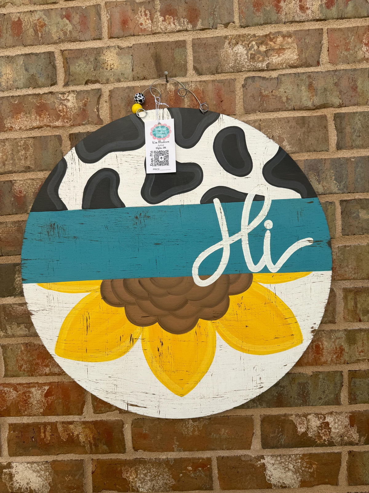 Sunflower Cow Print door hanger, fall door hanger, Hi door hanger, door hanger, acrylic painting, 20" round
