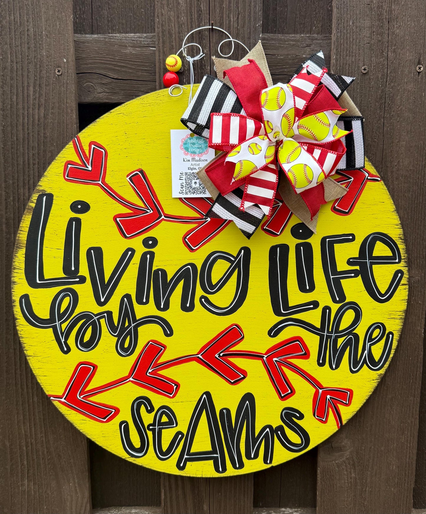 Living Life By The Seams Door Hanger, Baseball Softball Decor, 20" Round