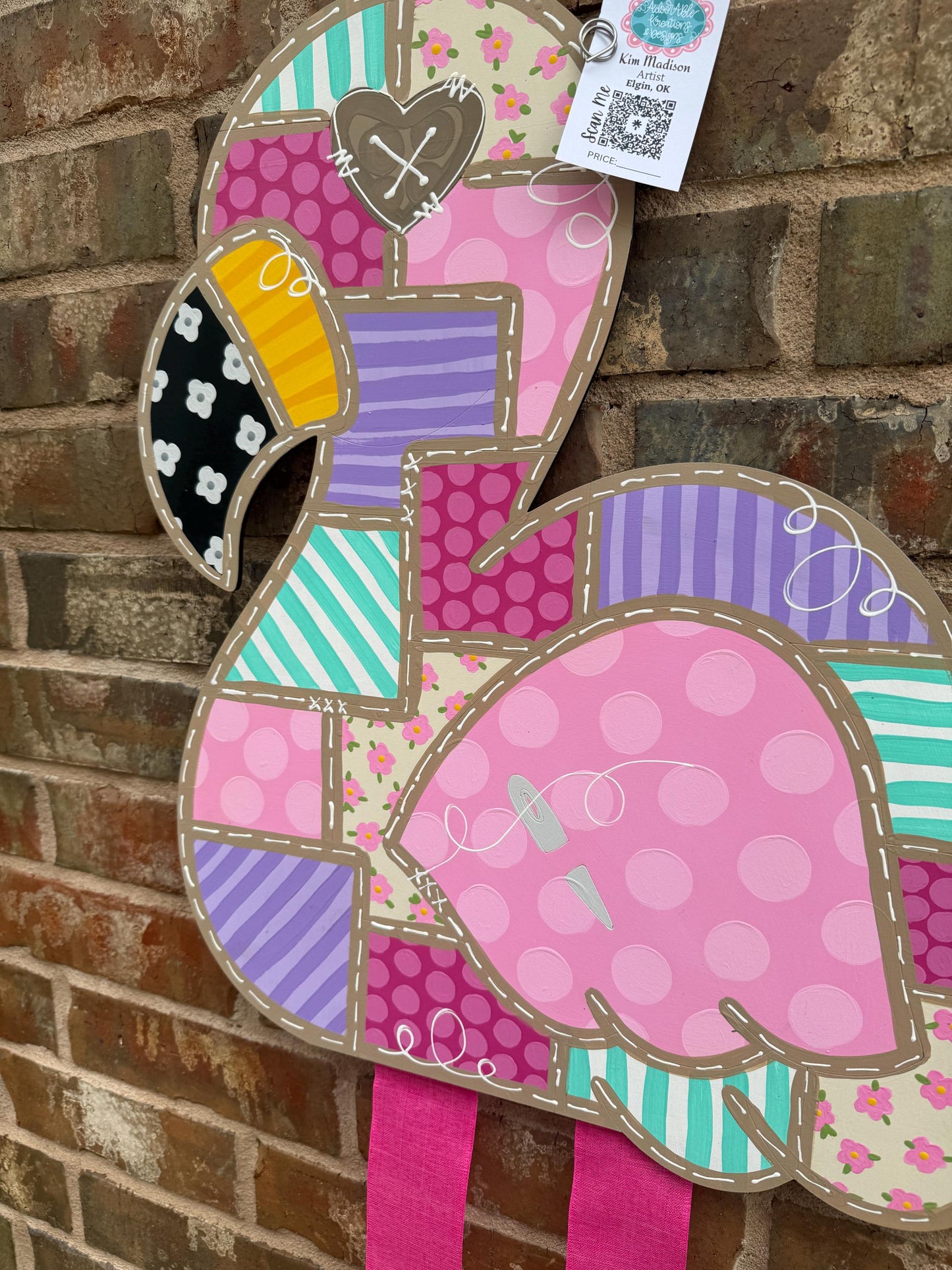 Patchwork Flamingo with ribbon legs, door hanger, Summer, 18"x36”