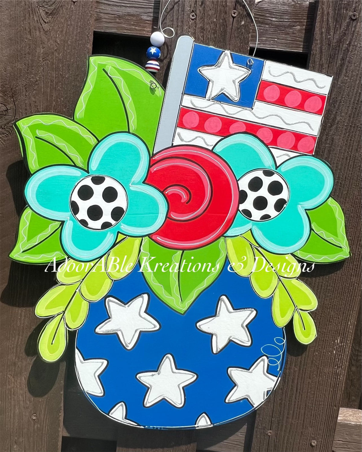 July 4th Floral Vase Door Hanger, Patriotic Decor (19”x23")