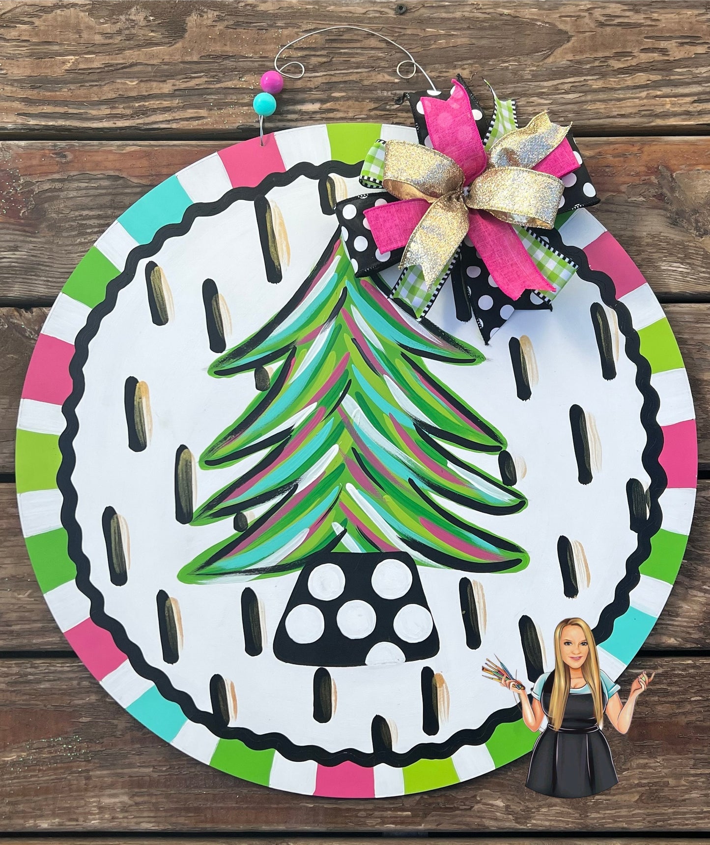 Festive Christmas Tree Door Hanger, Painted Birch, 22" Round