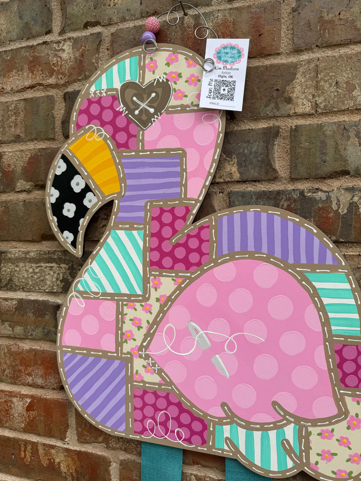 Patchwork Flamingo with ribbon legs, door hanger, Summer, 18"x36”