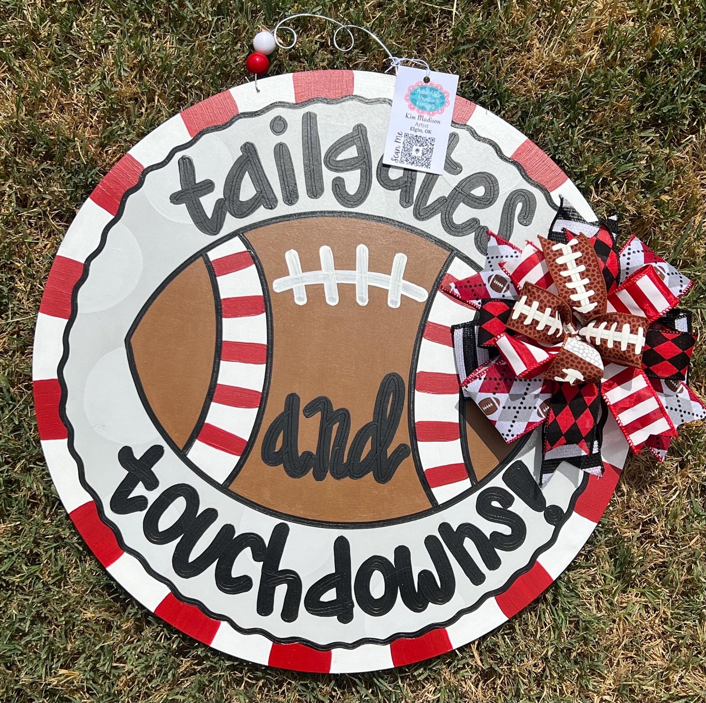 Football Door Hanger, Tailgates and Touchdowns, Round Wood Sign