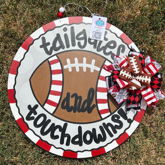 Football Door Hanger, Tailgates and Touchdowns, Round Wood Sign